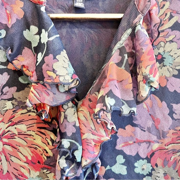 Chaps Blouse Blue Purple Red Floral Print V Neck Ruffle 3/4 Sleeve Mesh Top M - Picture 3 of 9